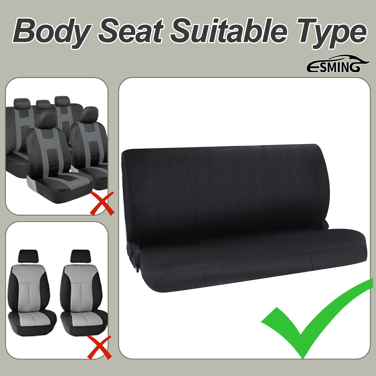 ESMING Universal Heavy-Duty Textured Front Bench Seat Cover for Ford for Chevrolet for Dodge & Full Size Pickup Trucks, Sandwich Fabric, with Storage Pockets - Black