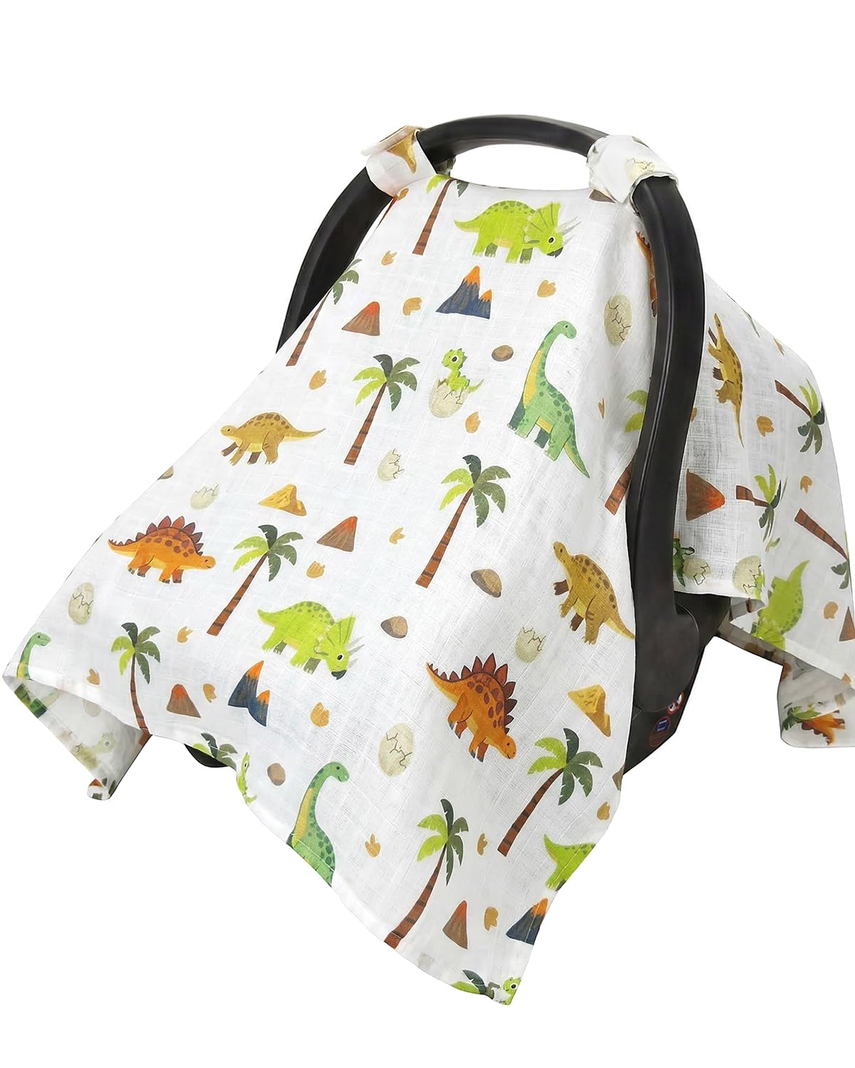 Rquite Baby Boy Car Seat Cover, 100% Muslin Cotton Infant Carseat Canopy, Soft Breathable Stroller Sun Shade & Newborn Shower Gift, Large Size Universal Fit Summer, Hot & Warm Weather (Blue Dinosaur)