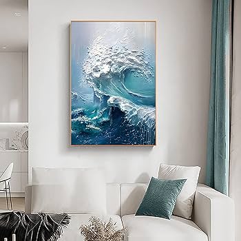 Amazon｜海の波の絵画 キャンバス ウォールアート ブルー 抽象画