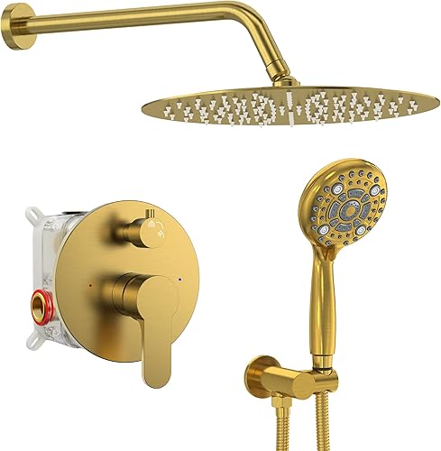 SR SUN RISE Sistema de ducha dorado, juego de grifo de ducha de lluvia de 12 pulgadas, 6 ajustes de cabezal de ducha de mano de alta presión,