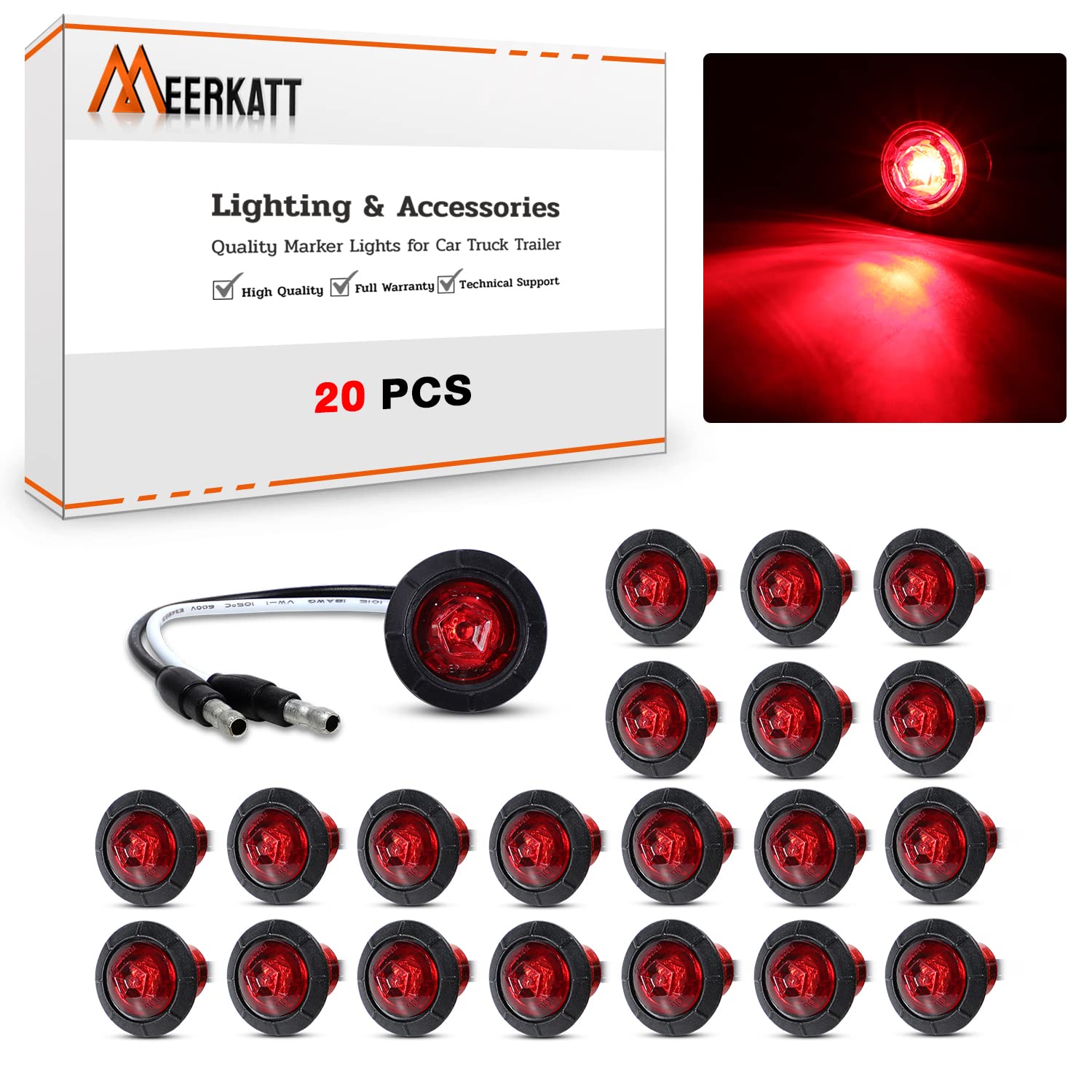 MADCATZ Meerkatt (Pack of 20) Special Generation 3/4 inch Miniature Round Red LED 2-wire Design Side Marker Lights Front Rear w/Grommets Trailer Truck Bus 12V DC XT-DC