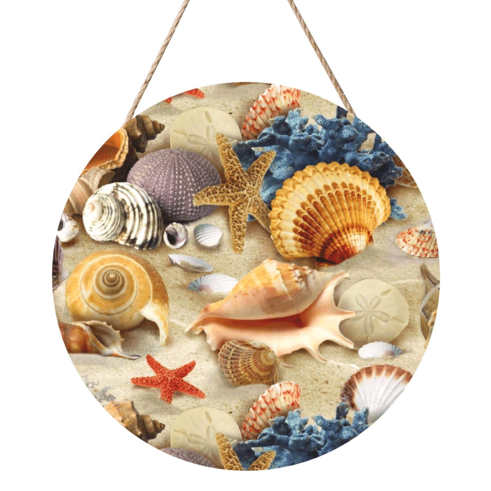 InOmak Colorful Group Of Seashells, Round Wood Panel Painting 12 in, Wall Hanging Painting For Home