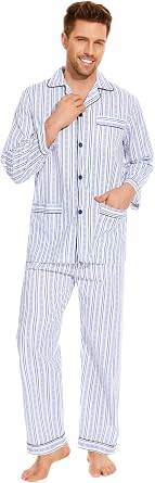 amaxer Mens 100% Cotton Pajamas Set Long Sleeve Pjs Button Fly Pants Soft Elastic Drawstring Waistband Bottoms