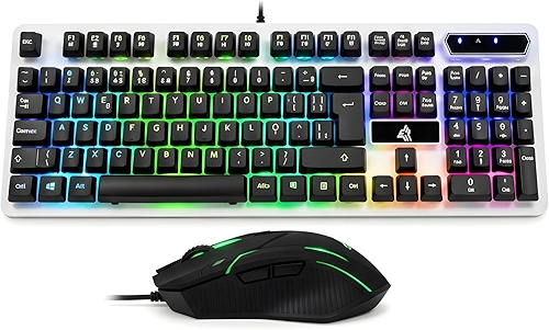 Kit Teclado e Mouse Gamer LED RGB Semi Mecânico, Teclas Suaves, Anti-Ghosting, Alta Precisão, USB Plug & Play, Compatível com PC, PS4, PS5, Xbox