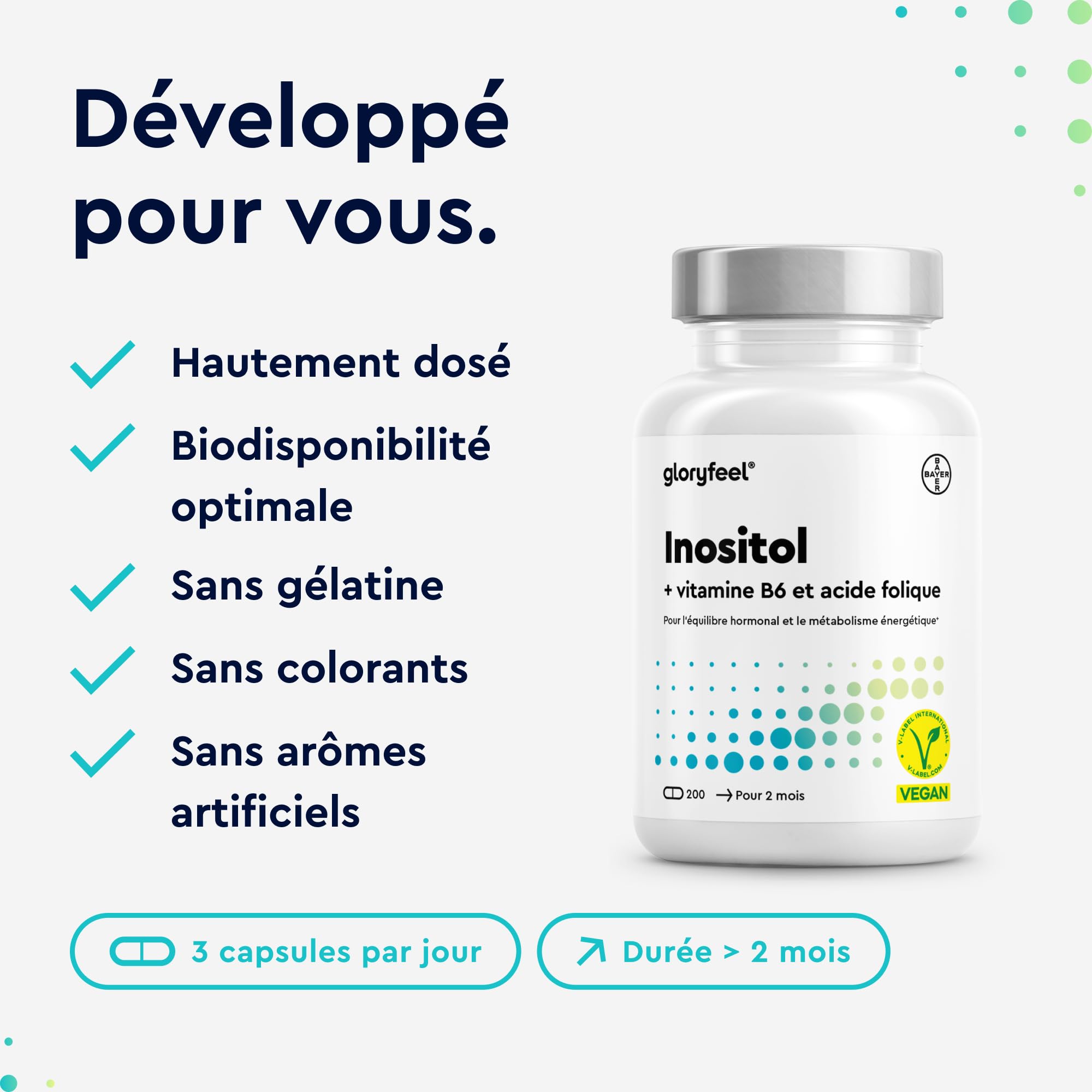 Inositol Pure en Combinaison avec l'Acide Folique + Vitamine B6 Quatrefolic®, 200 Capsules, Hautement Dosée avec 2000 mg de Inositol par Jour, Contribue à la Croissance des Tissus Maternels*