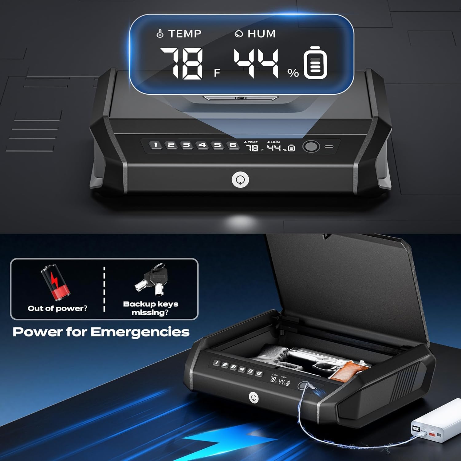 Caja fuerte para armas con pantalla LCD, acceso rápido, huella dactilar, teclado, llave
