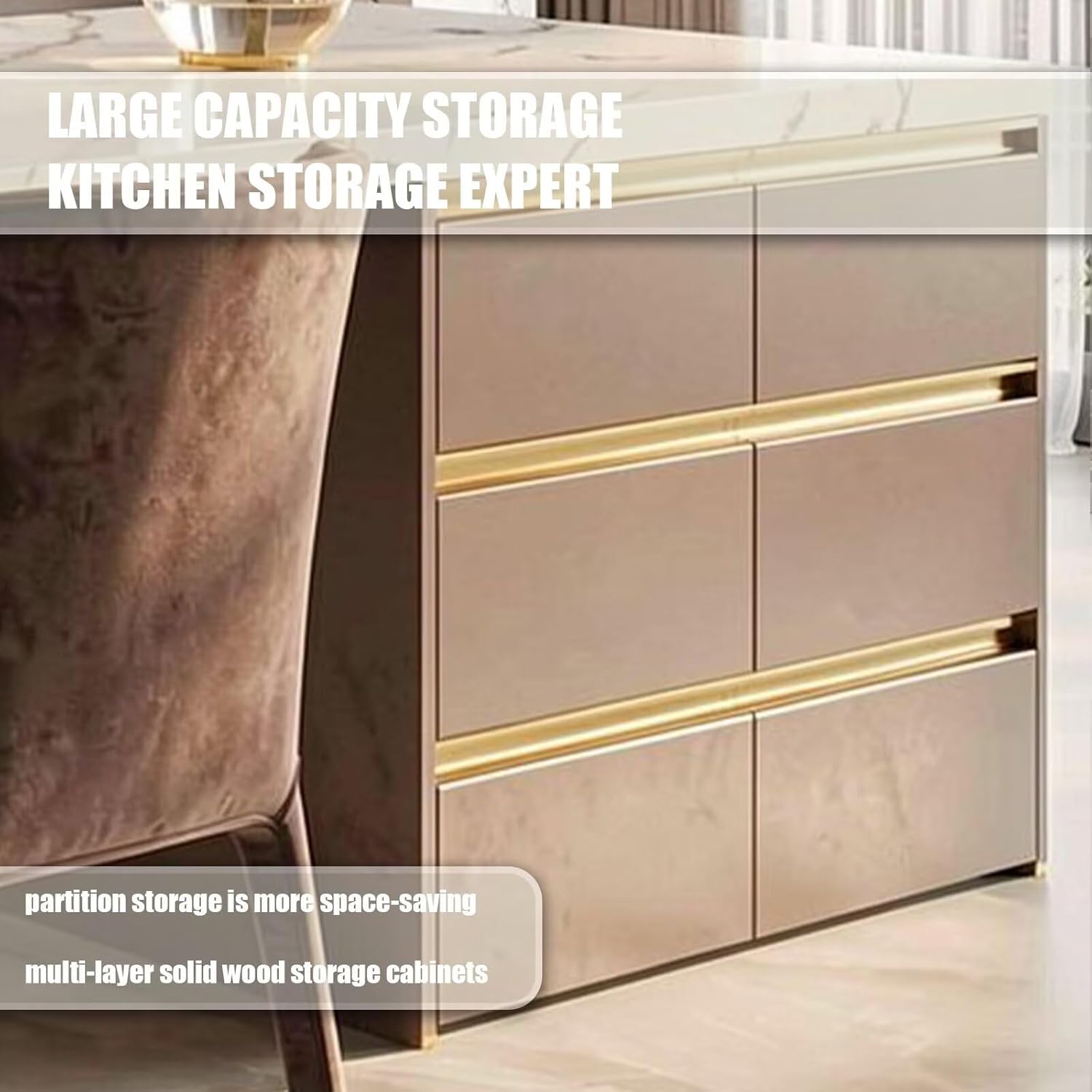 Kitchen Island with Storage - Kitchen Island Table with Slate Countertop & Gold Accents Luxurious Bar Includes Ample Storage Drawers, for 4 People (70.87IN No Chairs)