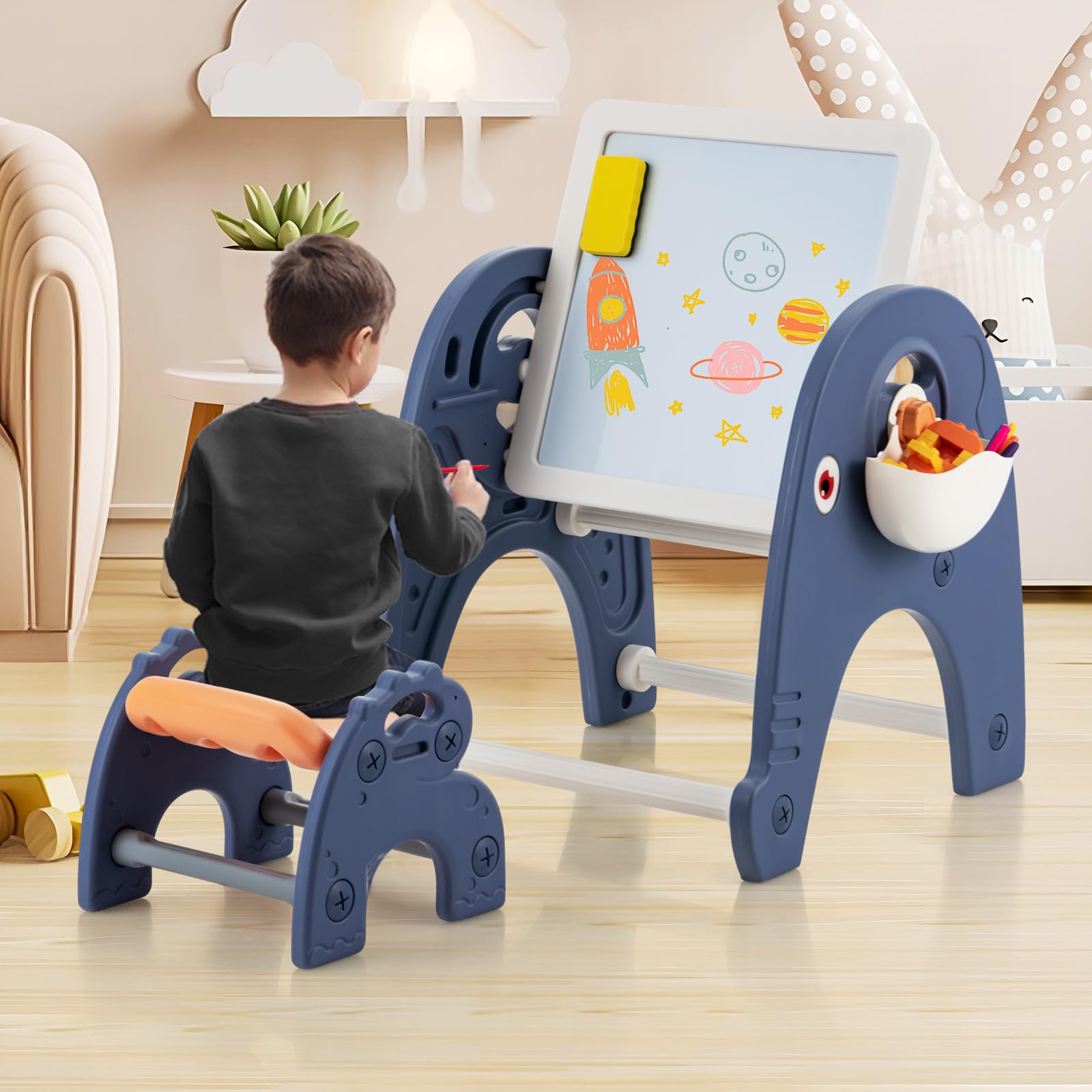 RELAX4LIFE Set di Cavalletto per Bambini con Sgabello, a Doppia Faccia con Lavagna Magnetica, Tavolo da Costruzione, Set Cavalletto per Bambini con Sgabello e Scatole Laterali