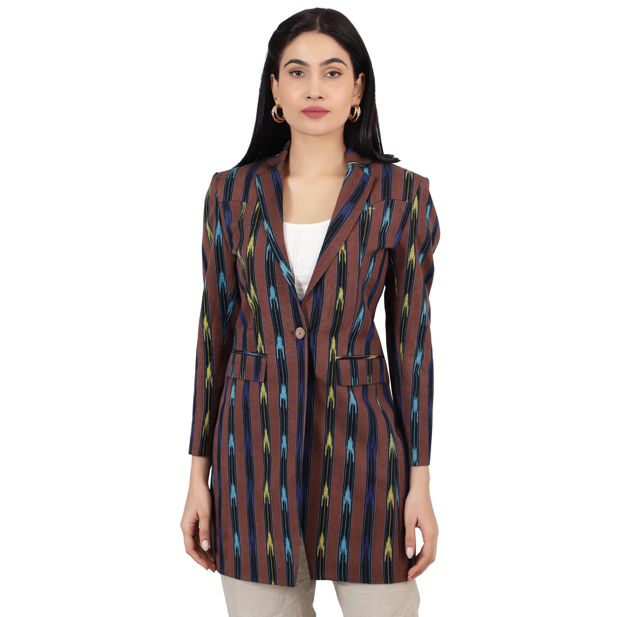 indophilia Womens Ikat Brown Cotton Blazer-picture-17