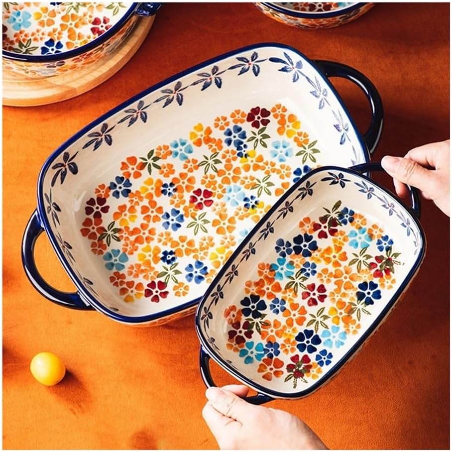 Baking Dishes Vintage Ceramic Baking Pan Set of 2 Rectangular Double-Handled Hand-Painted Floral Tableware Rice