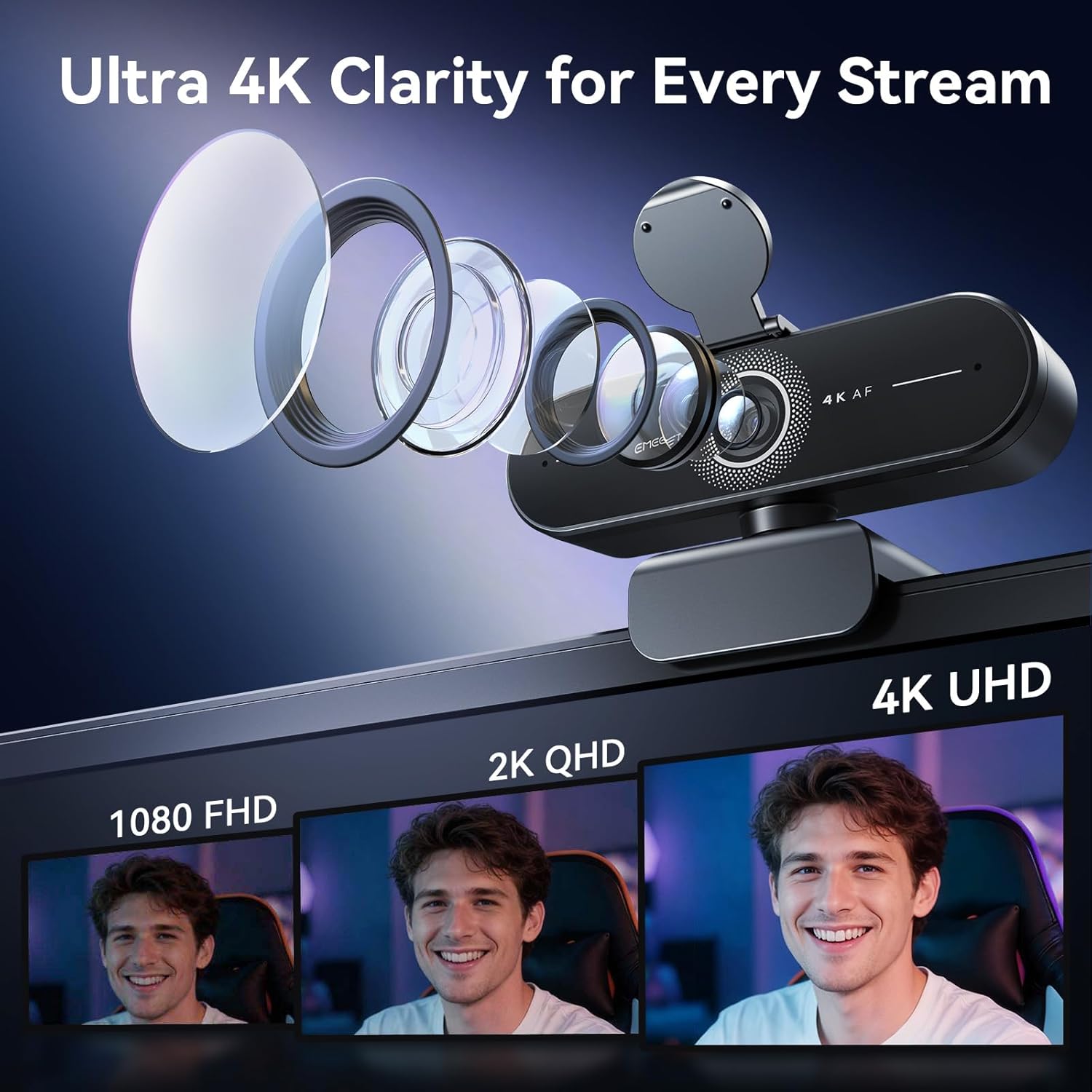 EMEET C60E 4K Webcam for Streaming & Gaming – PDAF Autofocus, Dual Mics, Live Streaming Camera with Auto Light Correction, Plug & Play USB Webcam for PC & Mac