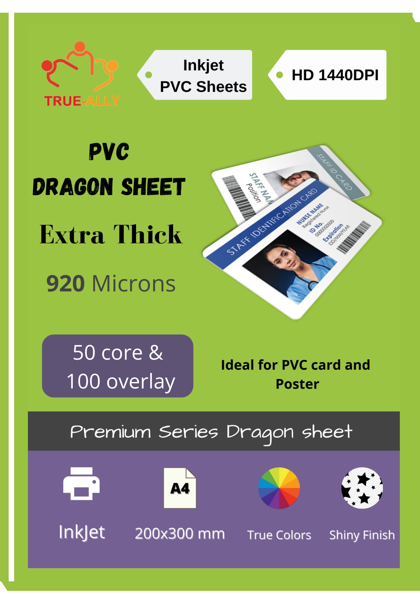 True-Ally Premium Extra thick PVC Lamination Dragon Sheet A4 Size 920 Micron for PVC Aadhar, Photos, ID card (Set of 50 Cores and 100 Overlays)