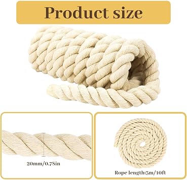 2 Pack 10ft Natural Twisted Cotton Rope - Strong Triple-Strand Rope for Sports, Crafts, Indoor/Outdoor Use