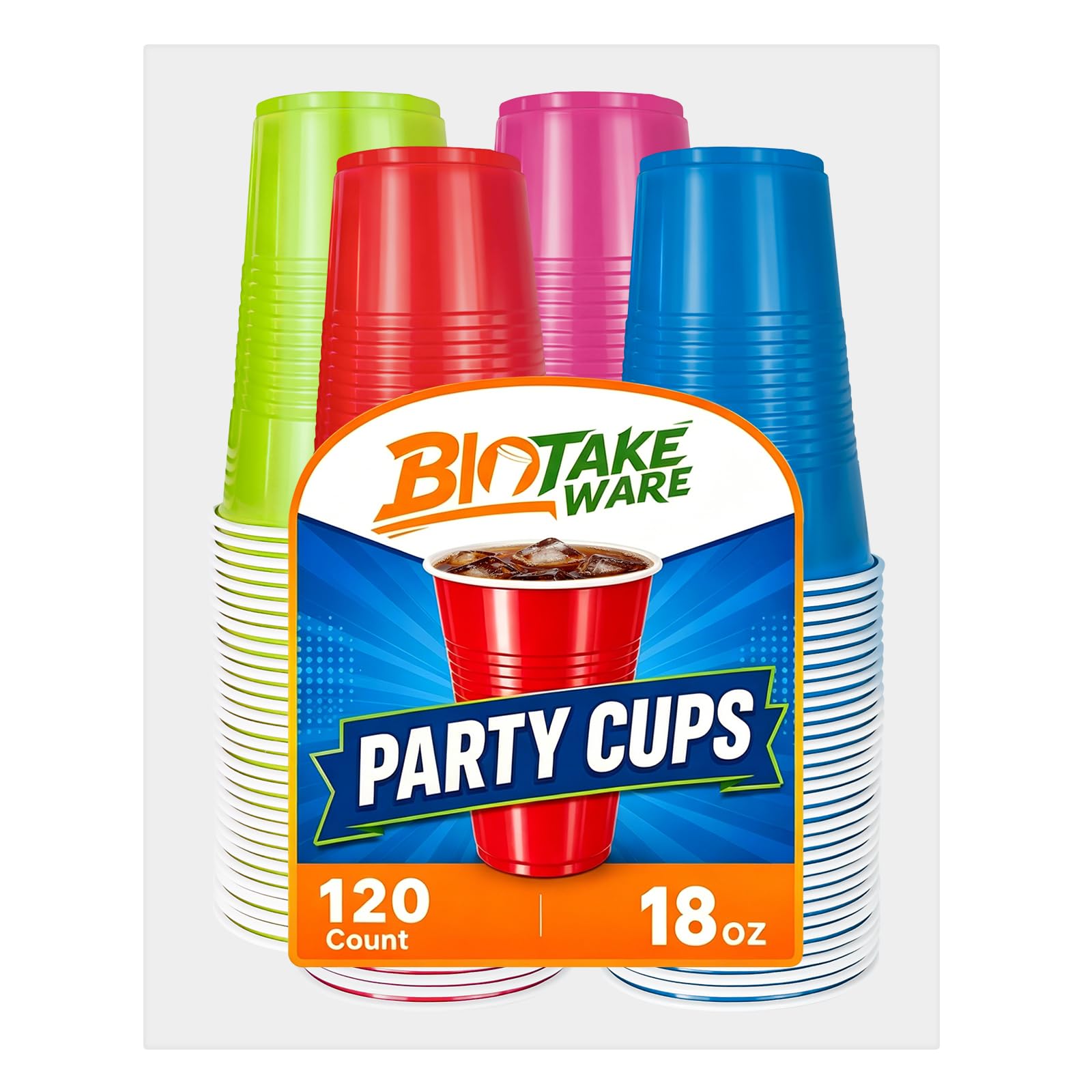 Biotakeware Disposable Plastic Cups, 120 Count, 18 Oz BPA-Free PP Plastic Cups, Assorted Red Blue Green Pink Party Cups for Tailgates, Birthdays, Holidays, BBQs, and Events