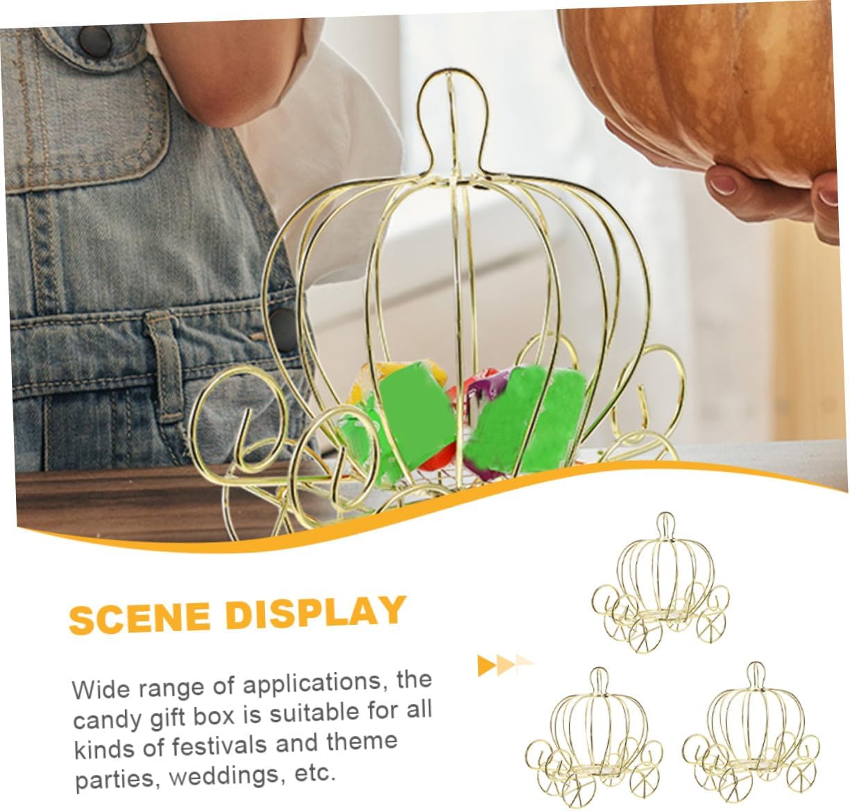 SAFIGLE Pumpkin Carriage Candy Box Metal 3Pcs Gold Cart Decor image 5