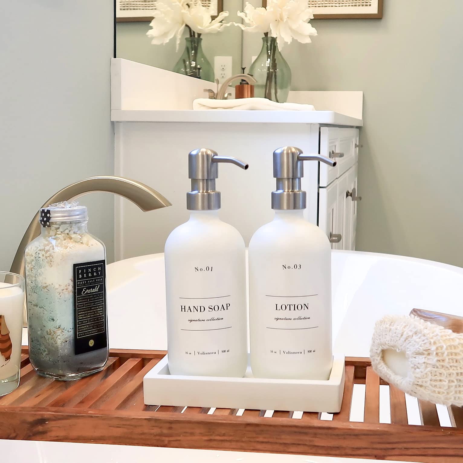 Volisnova Glass Soap Dispenser Set with Concrete Tray - Farmhouse Bathroom & Kitchen Soap Dispenser - Hand Soap, Dish Soap, Lotion Dispenser with Waterproof Labels (White Bottles with Silver Pumps)
