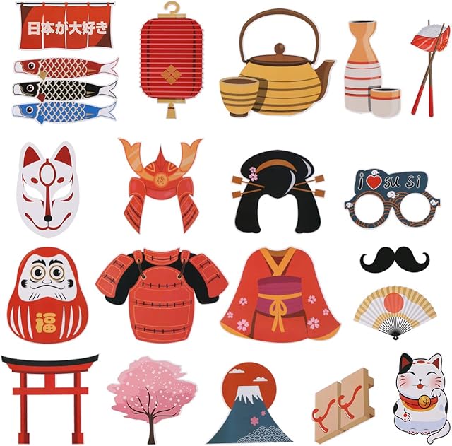 Amosfun Japanese Photo Booth Props Kit Japanese Kitsune Kabuki Party Supplies Kimono Selfie Props Halloween Christmas Birthday Wedding Party Photo Props 20pcs