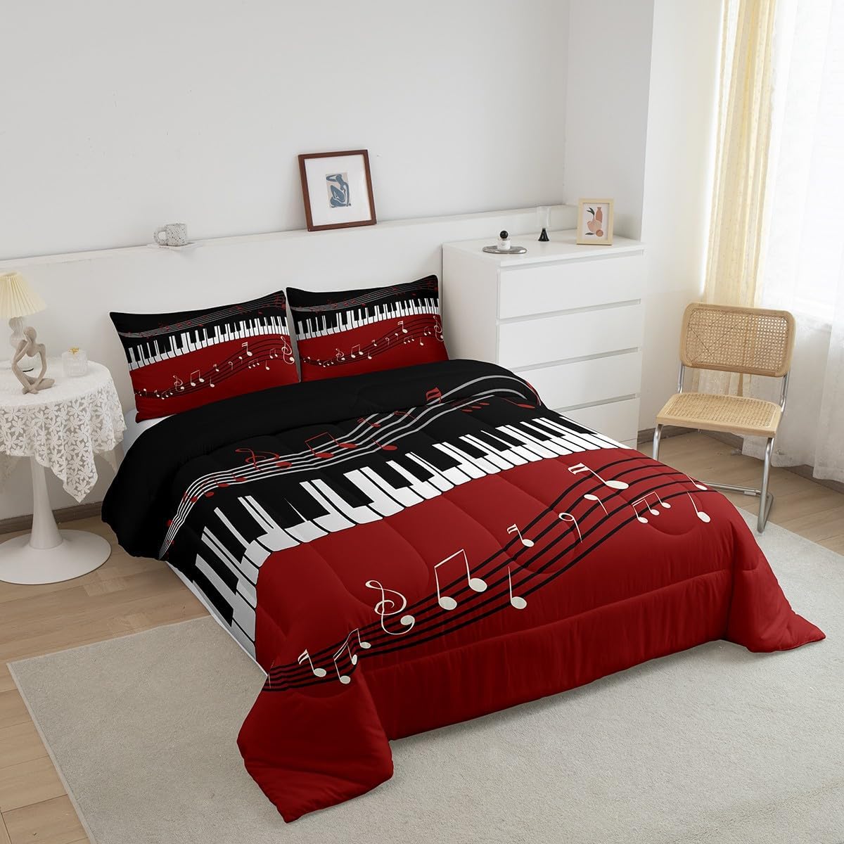 Castle Fairy Black White Piano Keys and Notes Full Size Comforter Set,Music Bedding Set for Adults Teens,Children Hippie Comforter Luxury Rock Quilt Set Room Decor 3Pcs