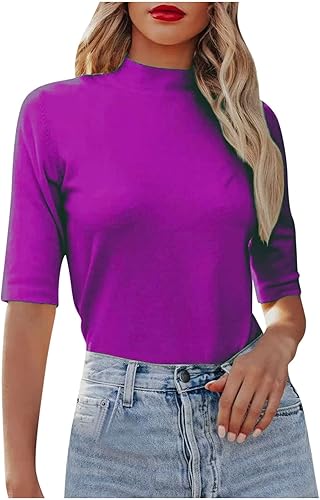 Work Shirts for Women Ladies High Neck Solid Color Tops Short Sleeve Blouse Fashion Boho Tunics