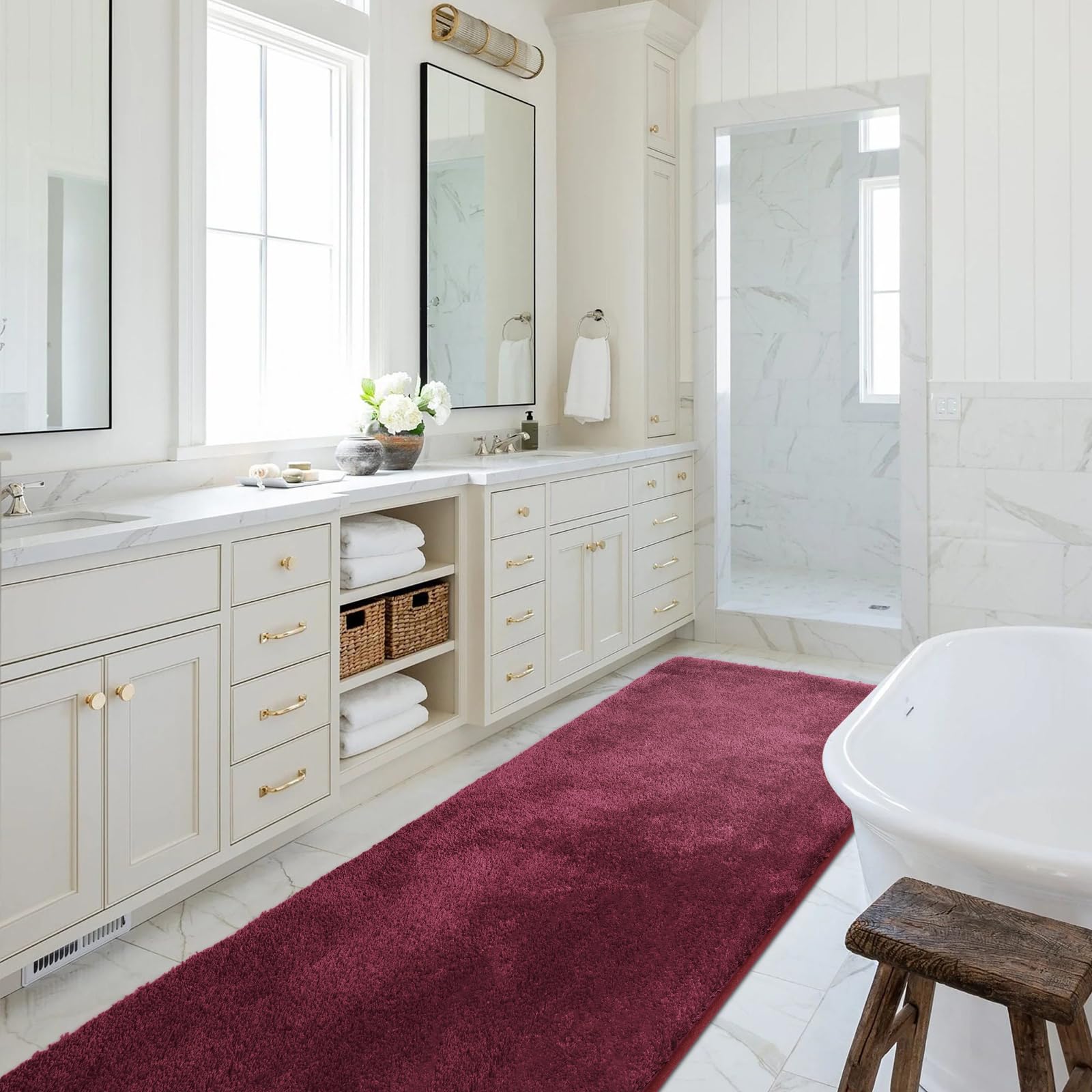 SOANNY Burgundy Bath Mat, Large Shower & Tub Runner Bathmat Rug, Non-Slip, Machine Washable, Absorbent, Soft Plush Floor Mat for Hallway Kitchen Entryway Laundry Bedside Patio Door, 60 x 120 CM โ image 1