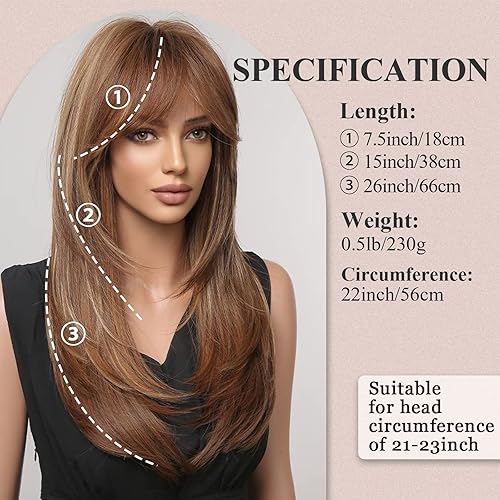 Miniatura 2 de EMMOR Pelucas marrones para mujer, pelucas largas en capas con flequillo de cortina, pelucas de fibra sintética resistentes al calor (marrón con