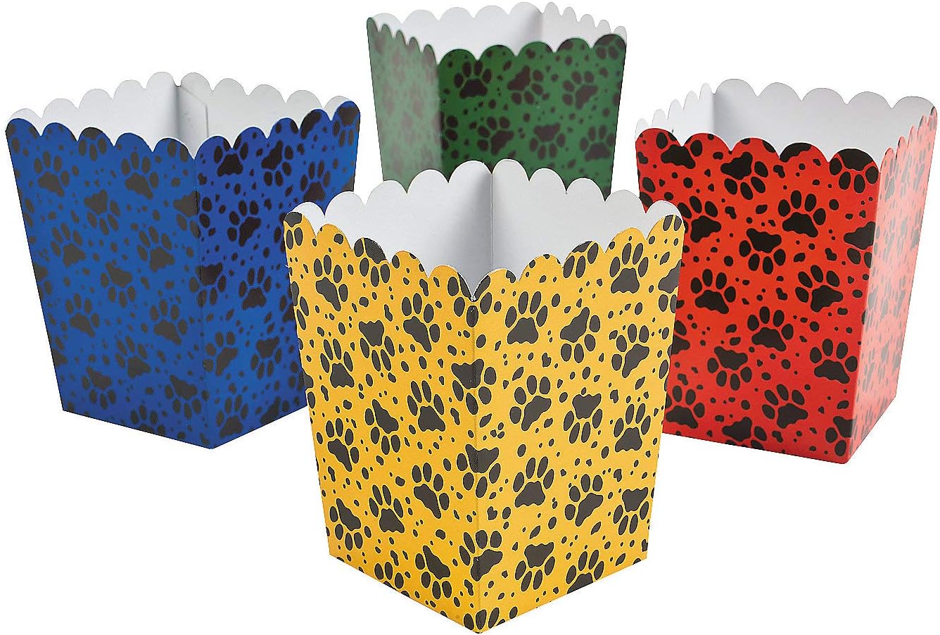 Fun Express Mini Paw Print Party Popcorn Boxes Blue, Red, Yellow - 24 Pieces