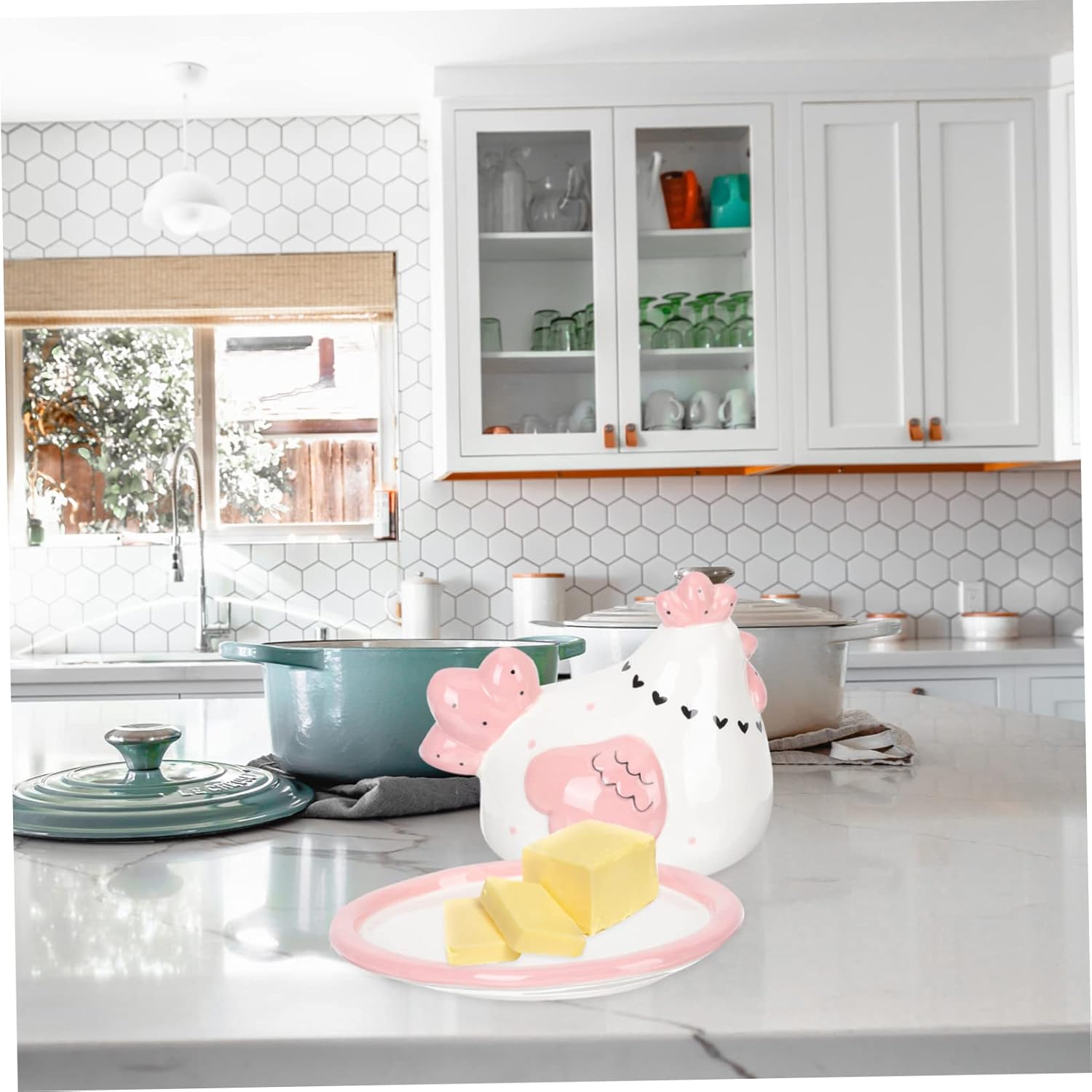 PRETYZOOM Embossed Chick Shape Ceramic Butter Dish with Airtight Cover Adorable Food Storage Container for Kitchen Party Tableware and Gift Use