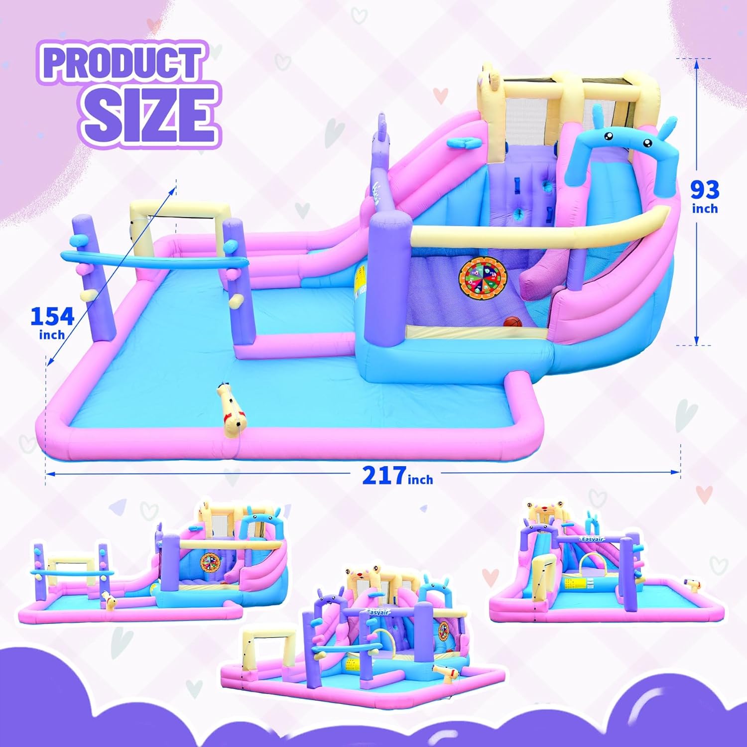 Inflatable Bounce House Water Slide Combo, Blow Up Water Slides for Backyard, Kids Jumper with Climbing Wall, Basketball Hoop, Splash Pool with Blower