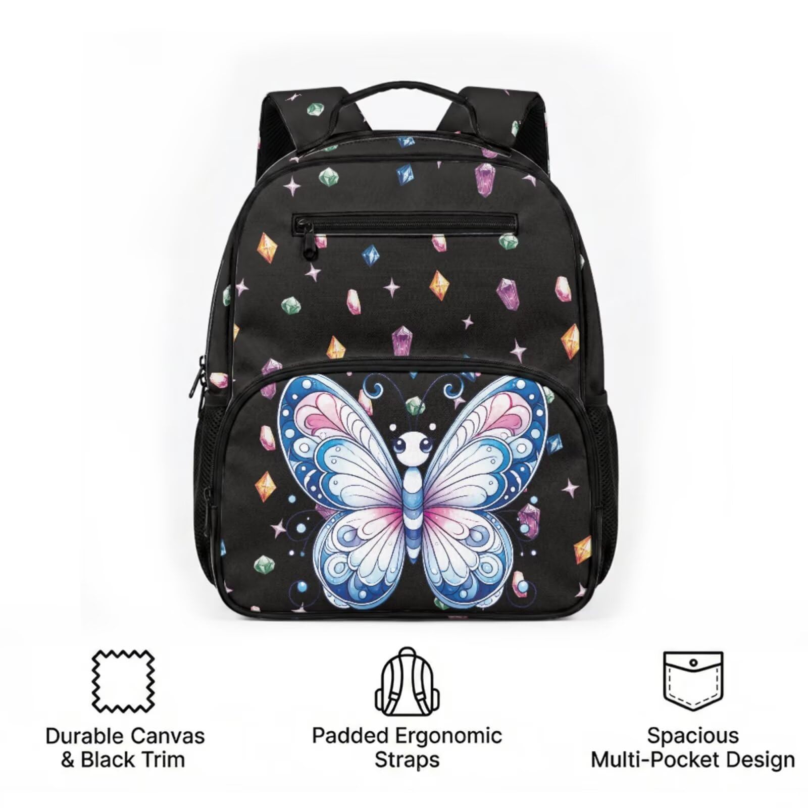 COEQINE Prek - Mochila para niñas con fiambrera, cierre fácil, bolsa de escuela primaria impresa con correas acolchadas, bolsa de pañales transpirable, Mariposa negra gema estrellada, M, Casual