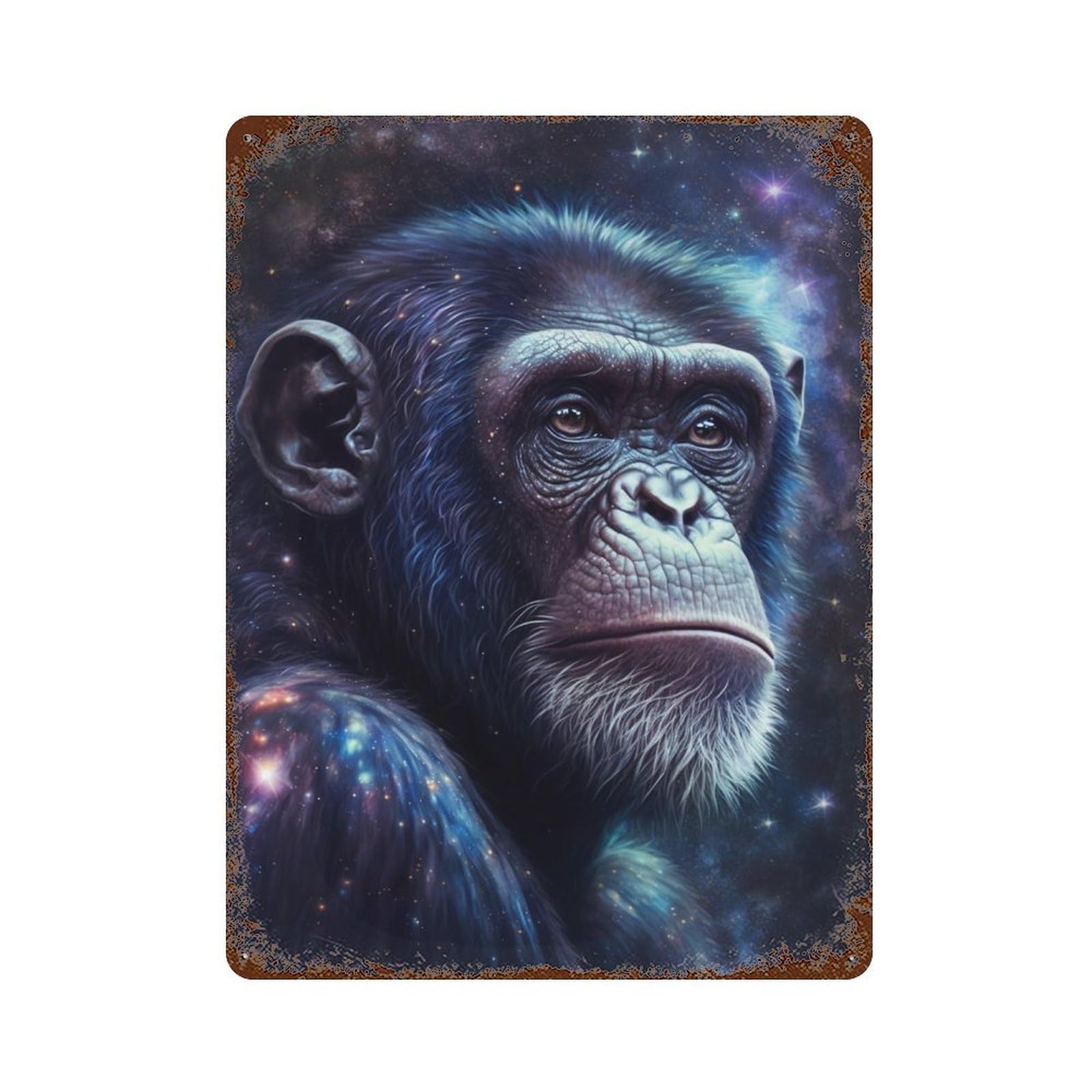 Rusty Metal Tin Sign with Chimpanzee in Space-2 Design 15.7"x11.8", for Farmhouse, Kitchen And Entryway Decor, Classic Wall Plaque