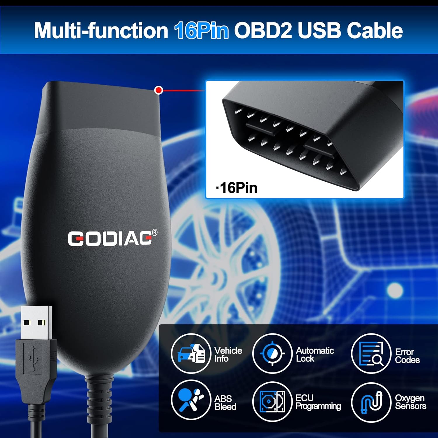 Multi-function 16Pin OBD2 USB Cable with feature icons