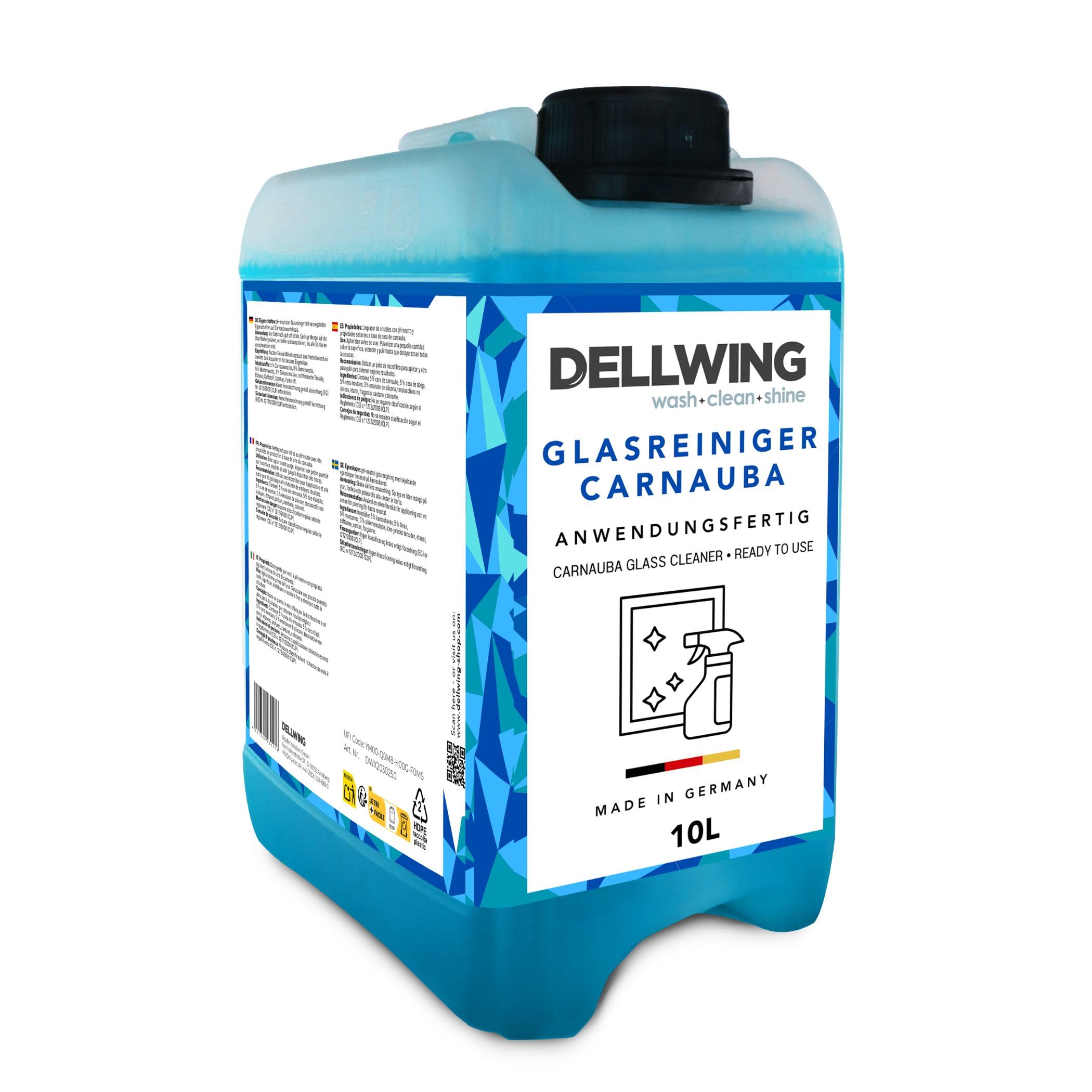 Dellwing Glasreiniger Carnauba 10 l, anwendungsfertiger Scheibenreiniger mit Versiegelung, ideal für verglaste Flächen, Spiegel und Kacheln, Fensterreiniger, Made in Germany | anwendungsfertiger Scheibenreiniger mit Versiegelung, ideal für Scheiben, Spieg