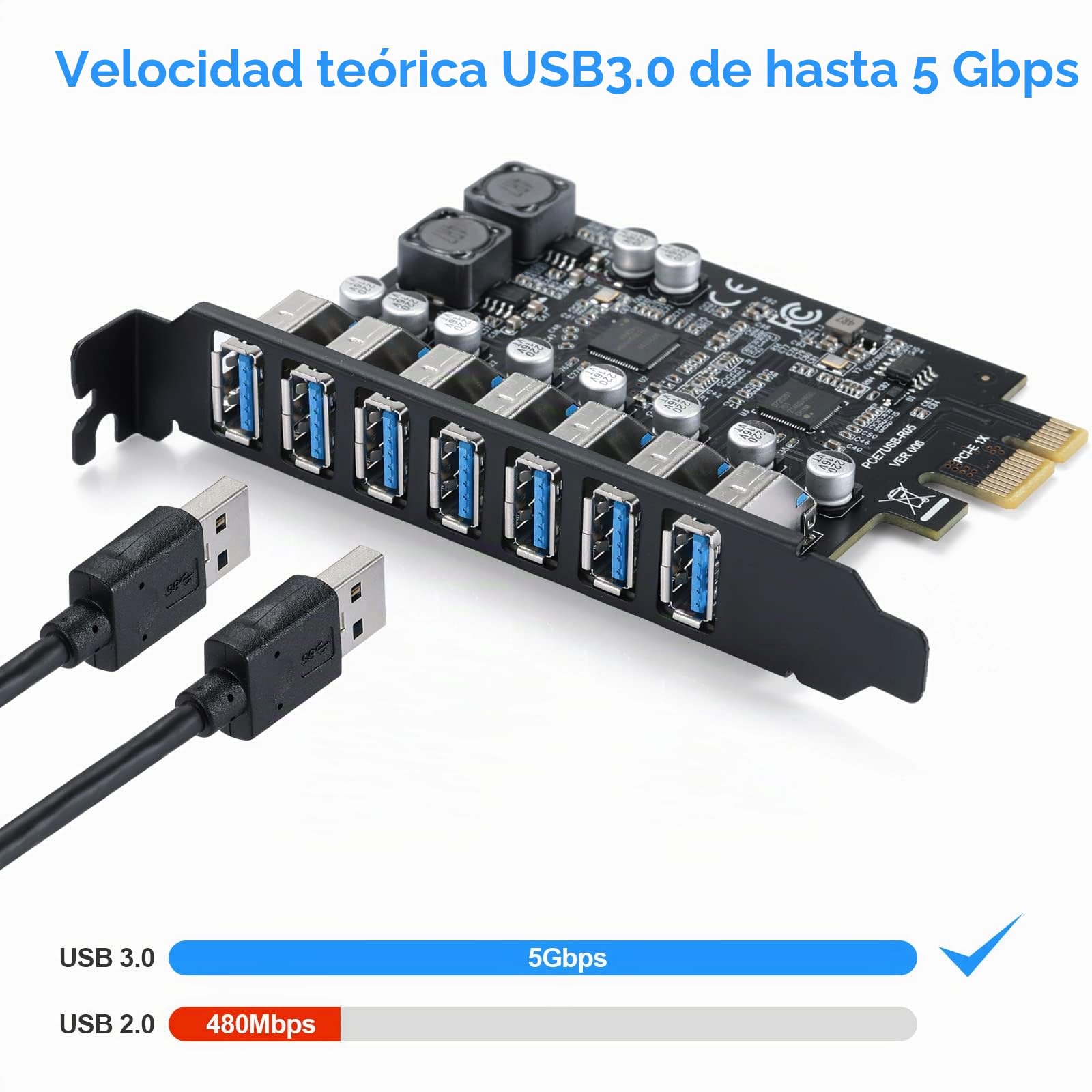 Tarjeta de Expansión PCIe a USB 3.2 Gen 1 (5Gbps), Hub PCI Express de 7 Puertos, Compatible con Windows y Linux