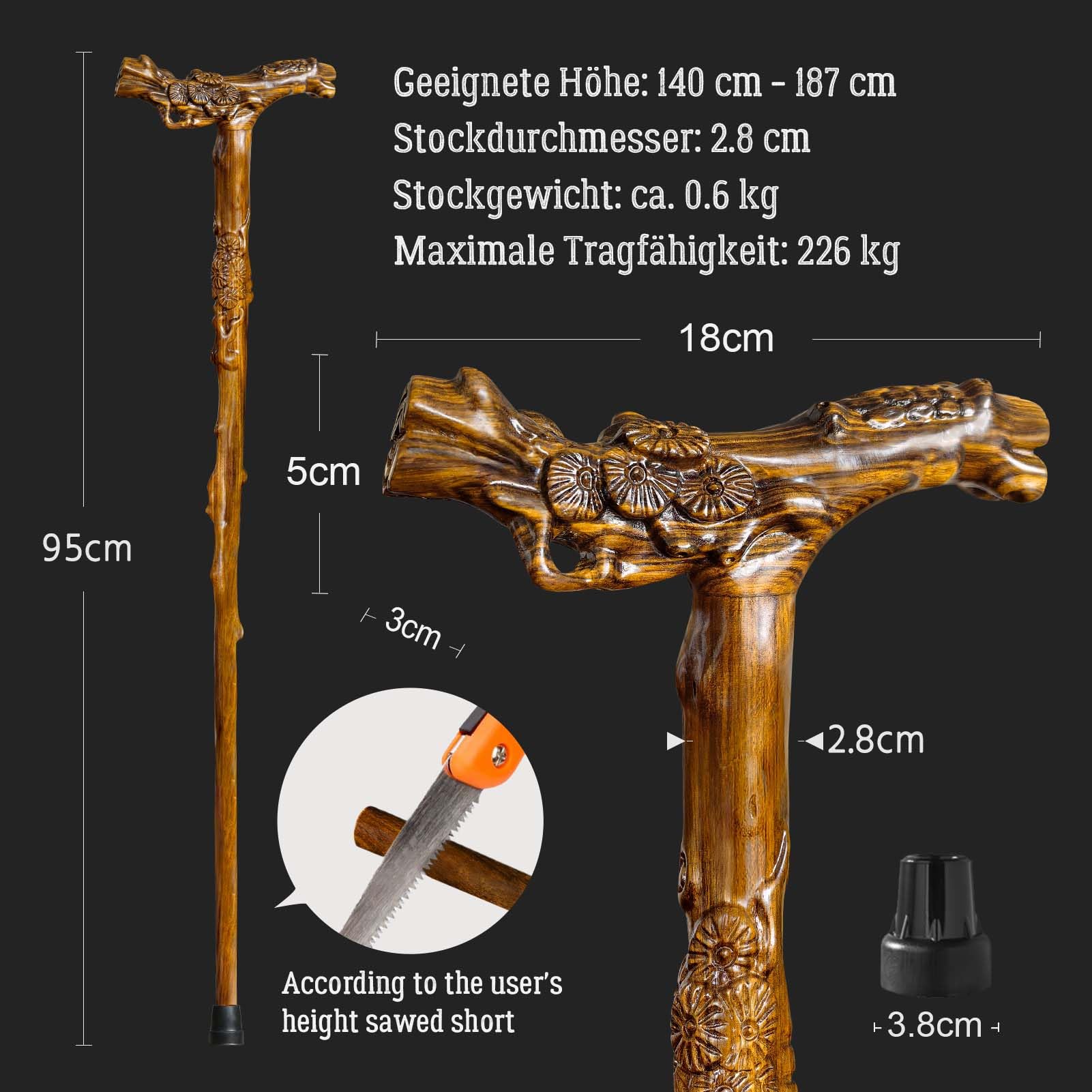 Gehstock Holz, Handgeschnitzter Gehstock Holz für Damen und Herren, mit Massagefunktion, Unterstützt bis zu 226 kg, Hochwertige Gehstöcke für Senioren, Geeignet zum Verschenken