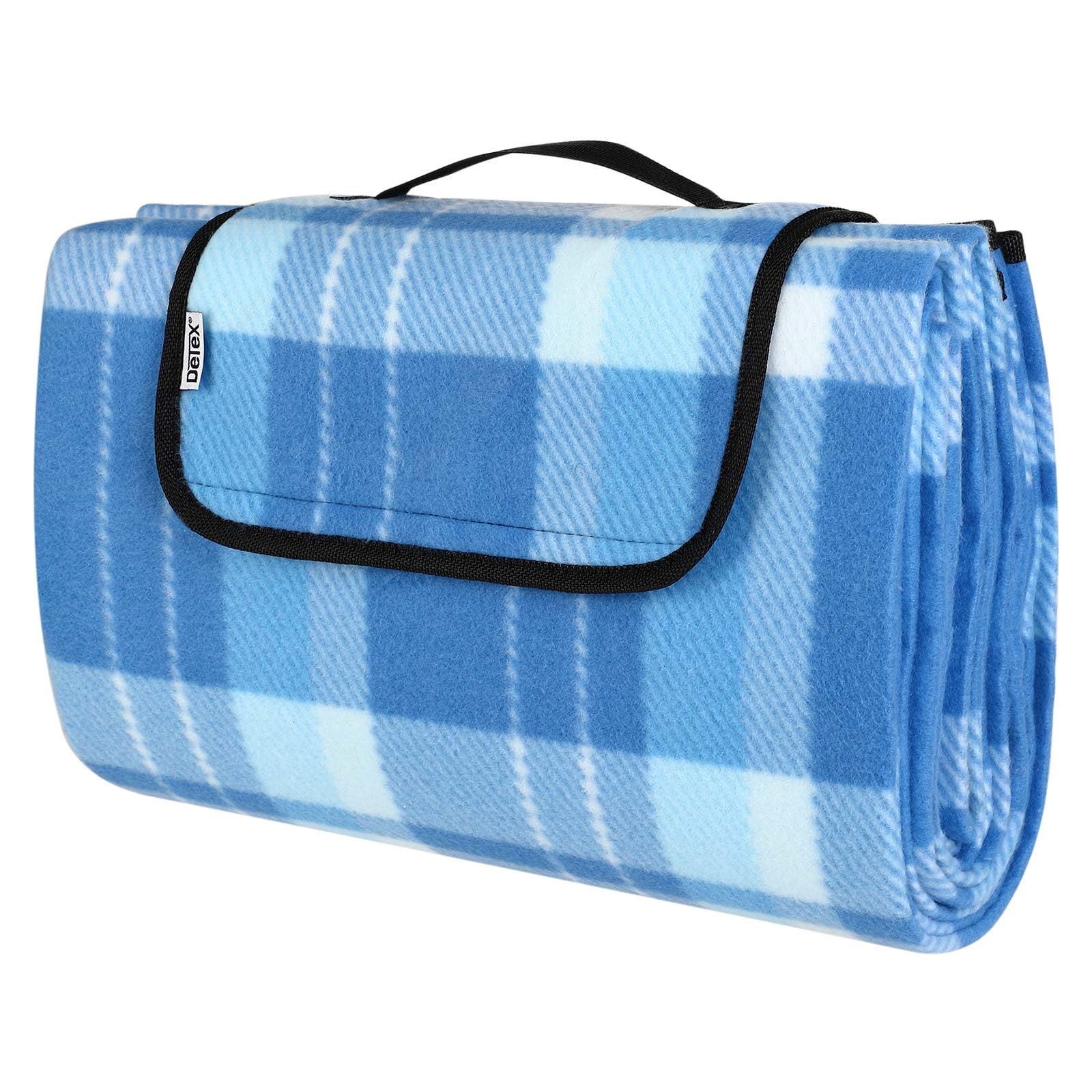 DETEX® Picknickdecke Campingdecke XL 195x150 cm Wasserdicht Wärmeisoliert Waschbar Fleece Faltbar für 2-4 Personen Garten Stranddecke Blau/Weiß
