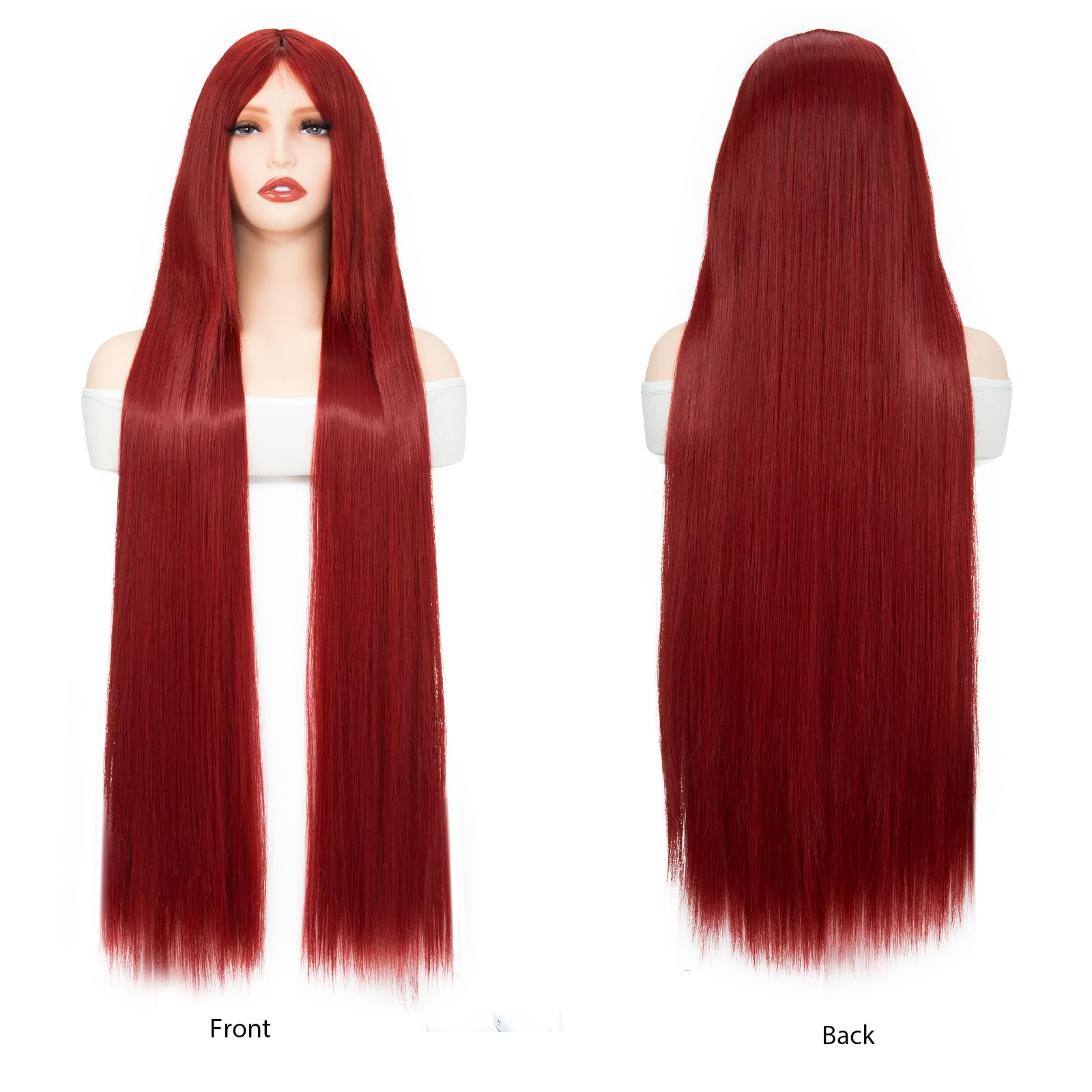 BUYOGET Long Wire Red Wigs with Fringe for Women 40 Inches Straight Wig for Costume Halloween Cosplay Anime Party - Image 2