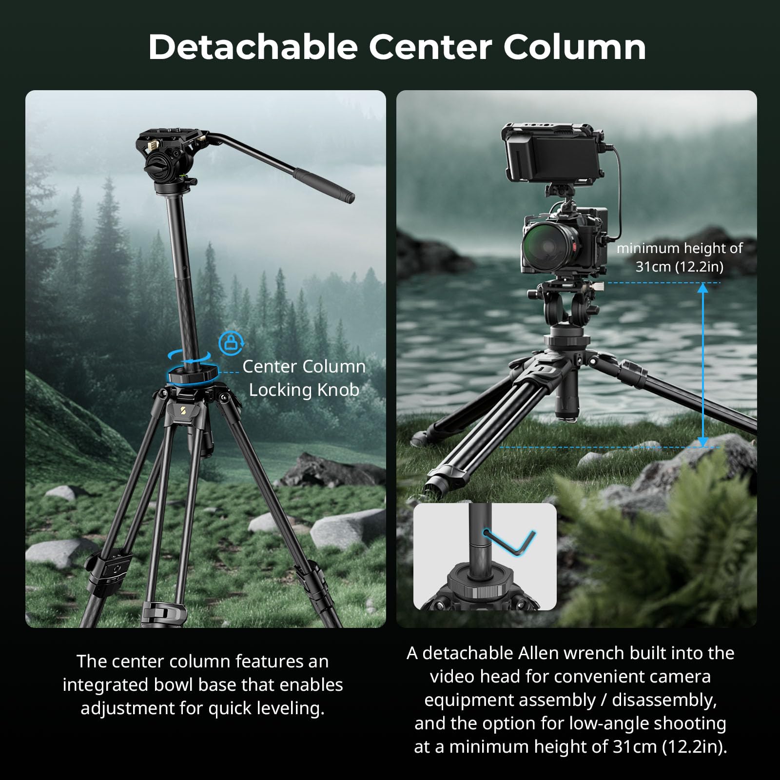 SMALLRIG Tripod de Video Resistente AD-50Pro, Trípode Liviano de Fibra de Carbono con Ajuste de Altura de Un Solo Paso FreeSpeed, Cabezal Fluido, Placa QR de Modo Dual, Columna Central - 4420