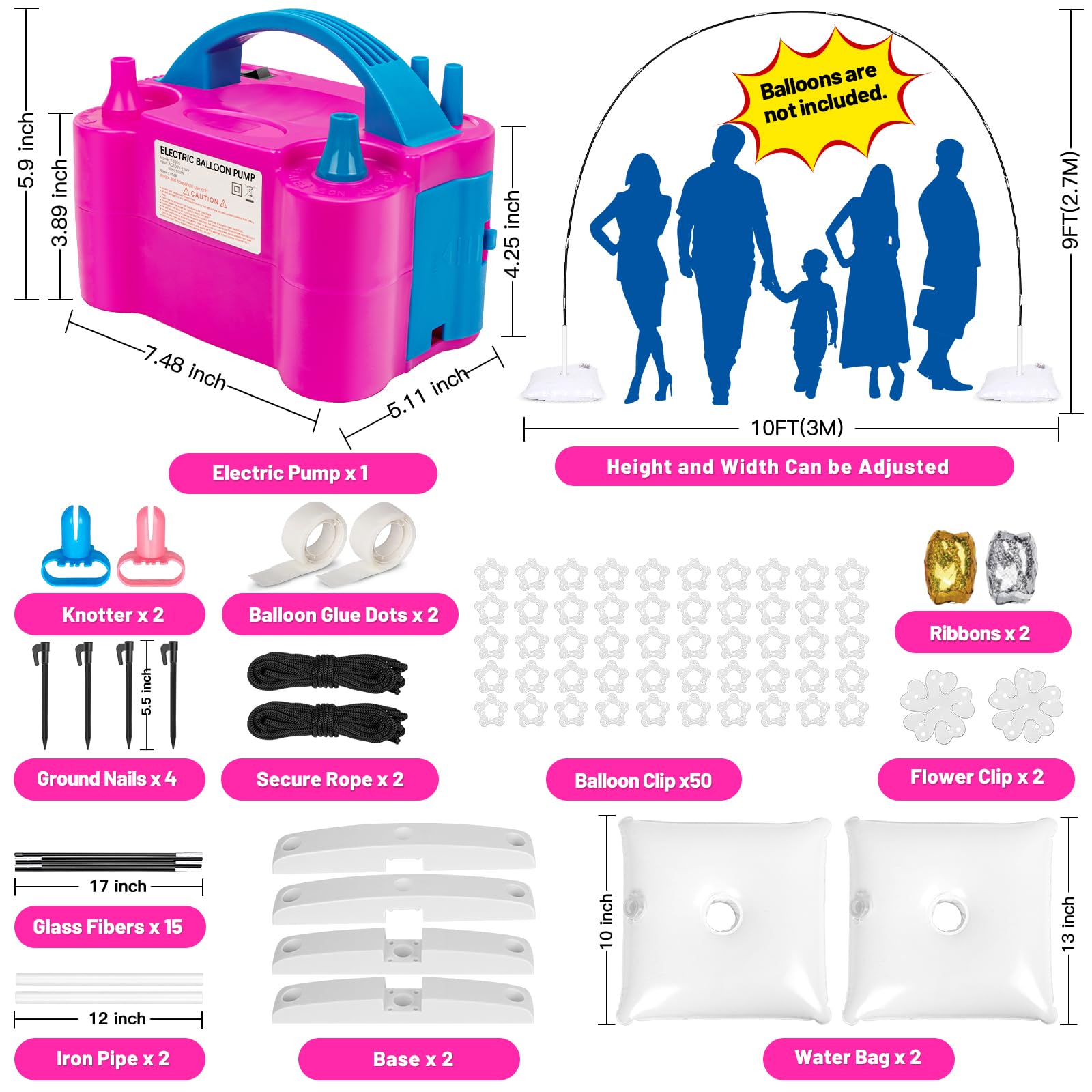 Toosci Balloon Arch Kit and Pump, 9Ft Height & 10Ft Width Adjustable Balloon Arch Holder Stand with Base, Water bag, Balloon Clips, Knotter for Wedding Graduation Birthday Party Supplies Decoration