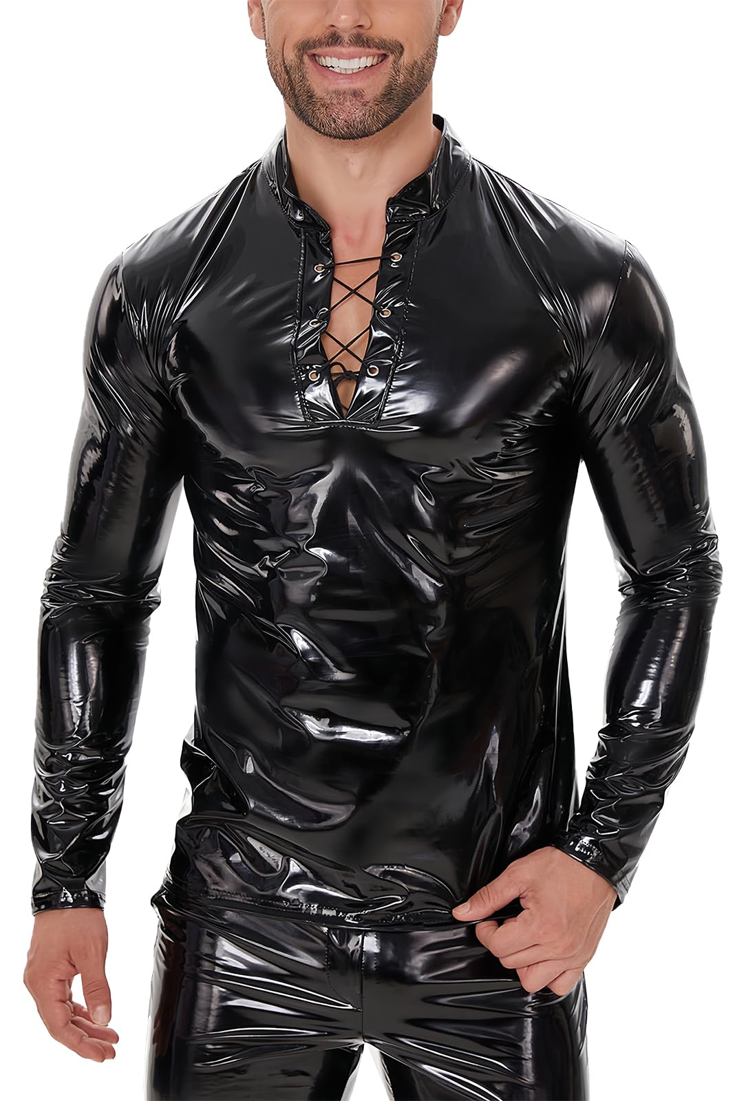 Panegy Men's Liquid Shiny Leather Shirt Jacket Slim Fit Wetlook Party Nightout Club 70s/80s Disco Blouse Tshirt
