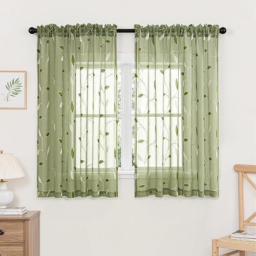 Miniatura 21 de MIULEE - Cortinas traslúcidas caqui de 2 paneles con patrón bordado de hojas, bolsillo con varilla, estilo floral, de lino sintético, cortinas