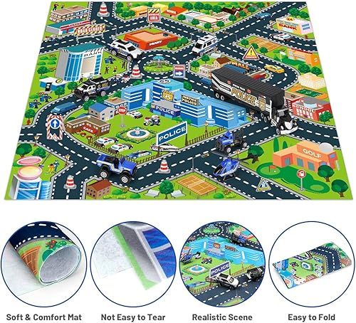 Miniatura 4 de OENUX Juguetes de coche de policía para niños con alfombrilla de juego de ciudad camión portador de vehículos fundidos helicóptero SWAT camión de