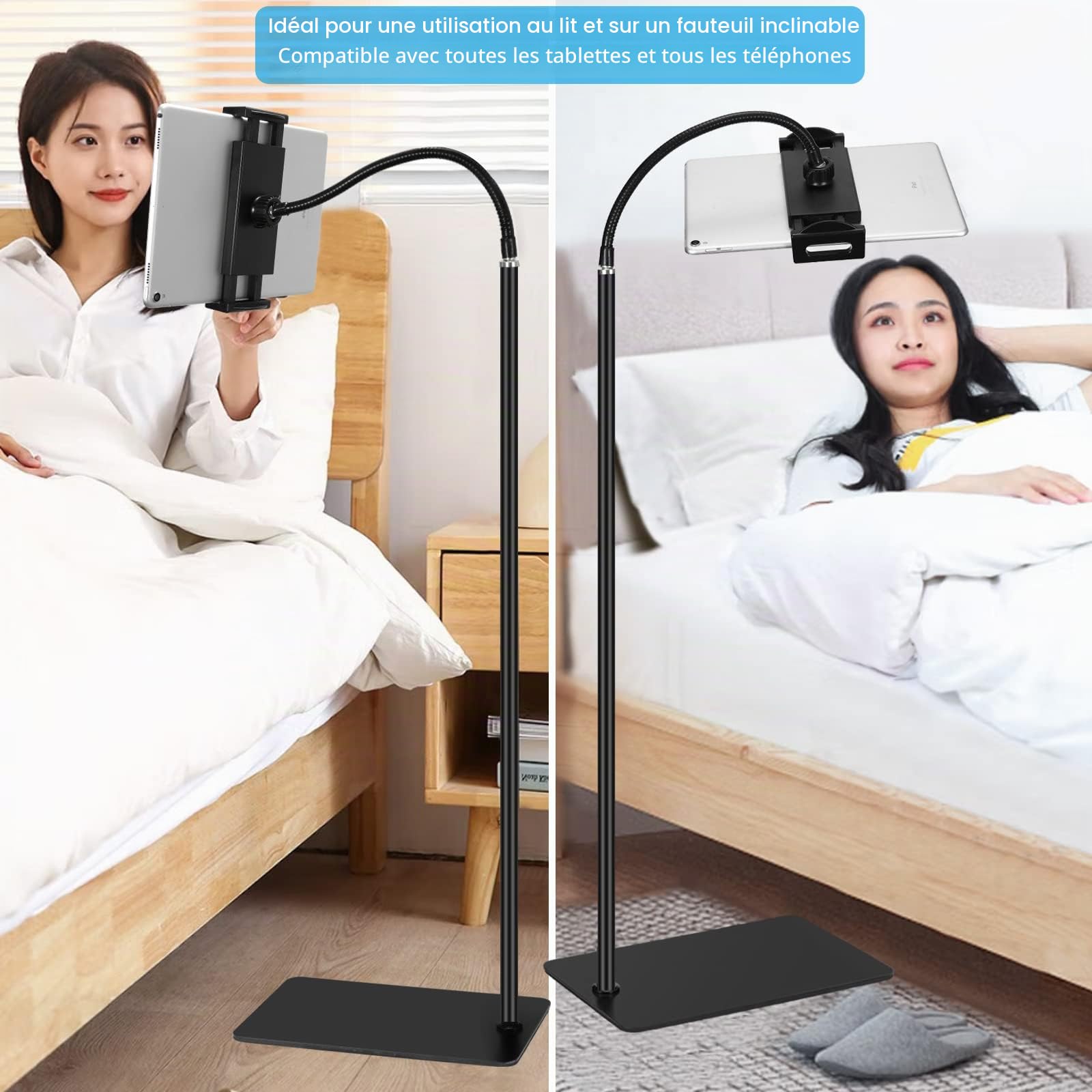 Support métal rotatif 360° Support flexible col de cygne Pour iPad Mini, Air, Pro, smartphones et tablettes (4,5 à 12,9 pouces)