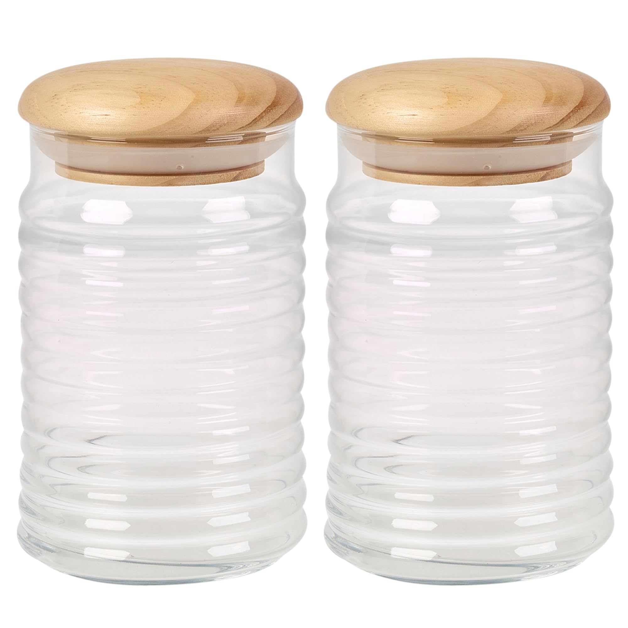 Queensway Home & Dining Clear Ribbed Glass Storage Jar With Airtight Stopper Wooden Lid Pack 2