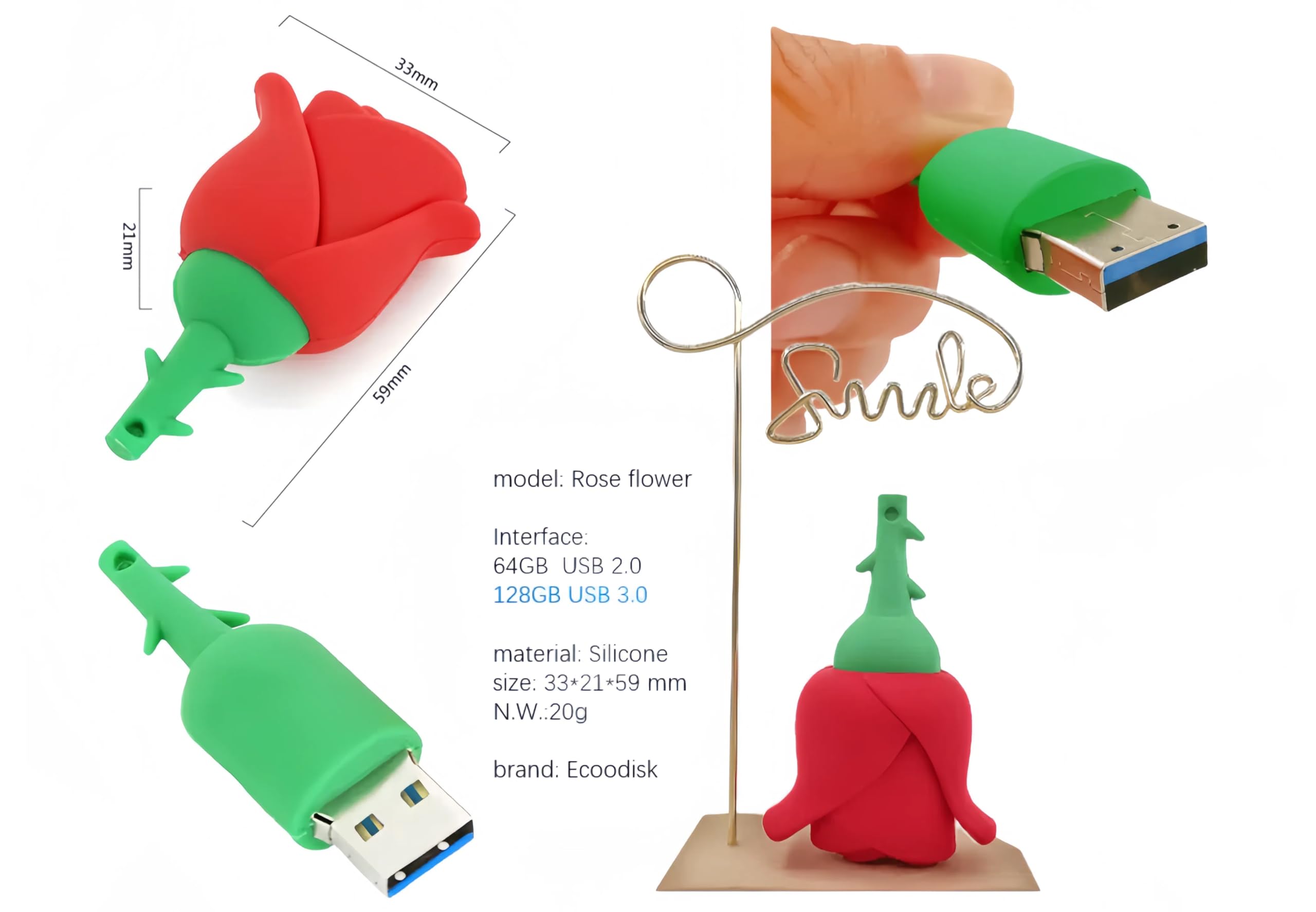 Chiavetta USB 3.0 Flash Drive, 128 GB, a forma di fiore rosso, ad alta velocità di trasferimento
