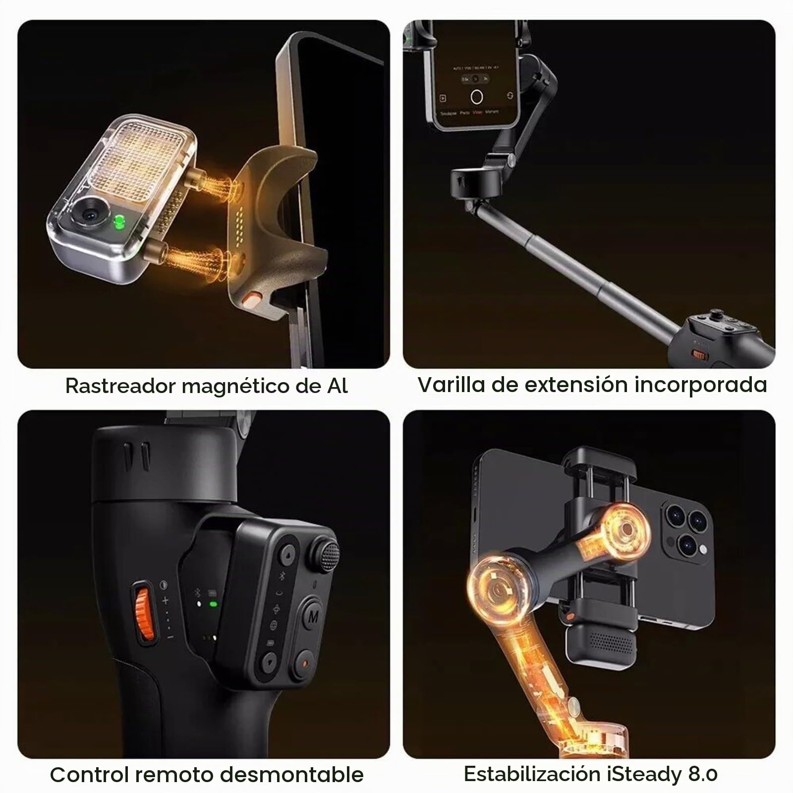 Hohem iSteady V3 Gimbal para Móvil de 3 Ejes, Estabilizador para Móvil con Seguimiento AI Magnético, Control Remoto Desmontable, Vástago Telescópico Integrado y Trípode, Gimbal para Smartphone(Negro)