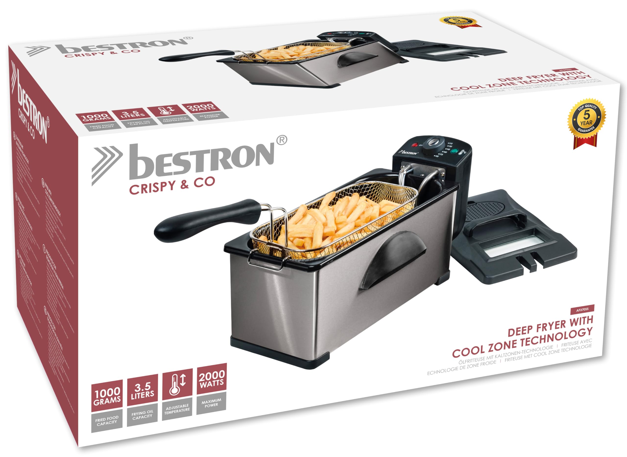 Bestron Friggitrice ad olio con tecnologia a zone fredde, friggitrice con cestello da 3,5 litri, con finestra e regolatore di temperatura continuo, lavabile in lavastoviglie, 2000 Watt, colore: