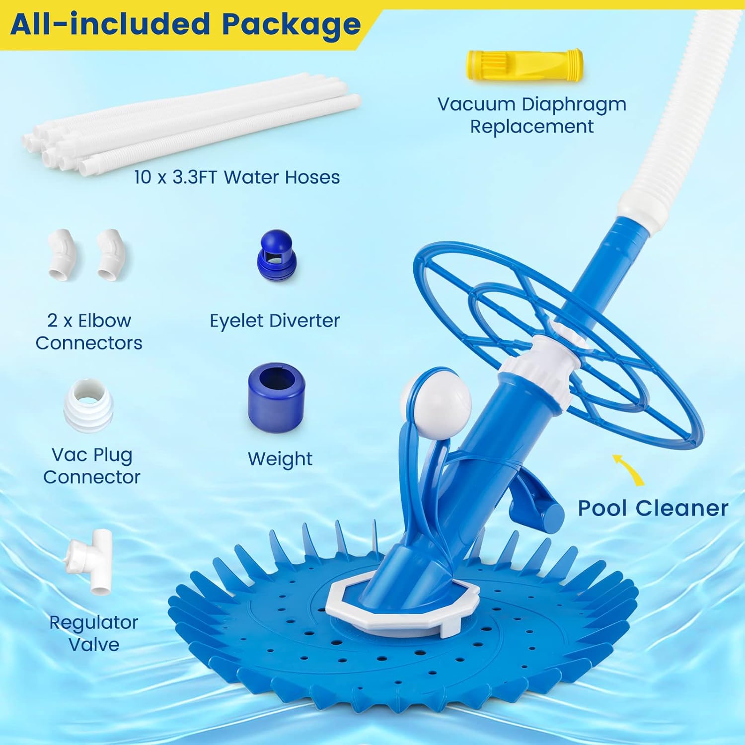Goplus Upgraded Automatic Pool Cleaner, Vacuum Suction Pool Sweeper with 10 x 3.3 FT Extension Hoses & 36-Fin Disc, Side Climbing Pool Cleaners Cleaning for Above-Ground Inground Pools Floors, Walls