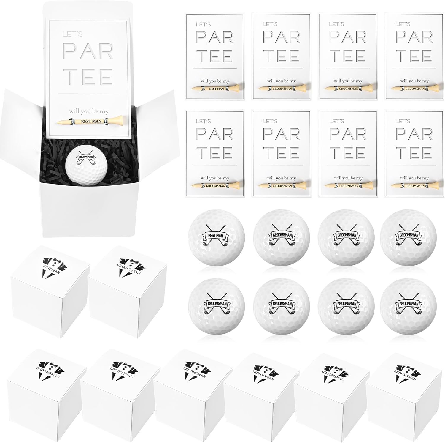 8 Sets Groomsman Proposal Gift Box with Golf Balls, Bamboo Tees, and Invitation Cards - Wedding Gifts for Groomsmen, Best Men, Golf DIY Gift Set, white, black