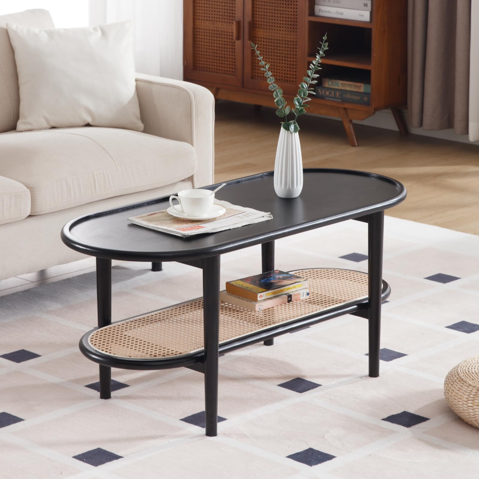 QIUKIU Black Rattan Coffee Table, 39.5" Oval Center Table with Storage Shelf, Modern 2-Tier Wood Side Table for Bedroom Small Space