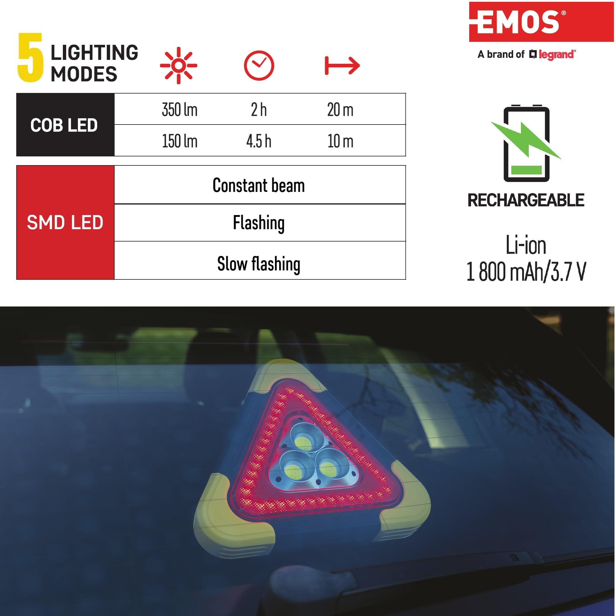 EMOS - Triangolo di avvertimento LED ricaricabile con 5 modalità di illuminazione incluse batteria e cavo di ricarica USB - Lampada di emergenza multifunzione con funzione power bank e indicatore LED